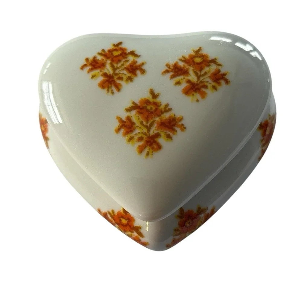 Limoges France Trinket Box Hand Painted Heart Shaped Floral Orange VTG Porcelain